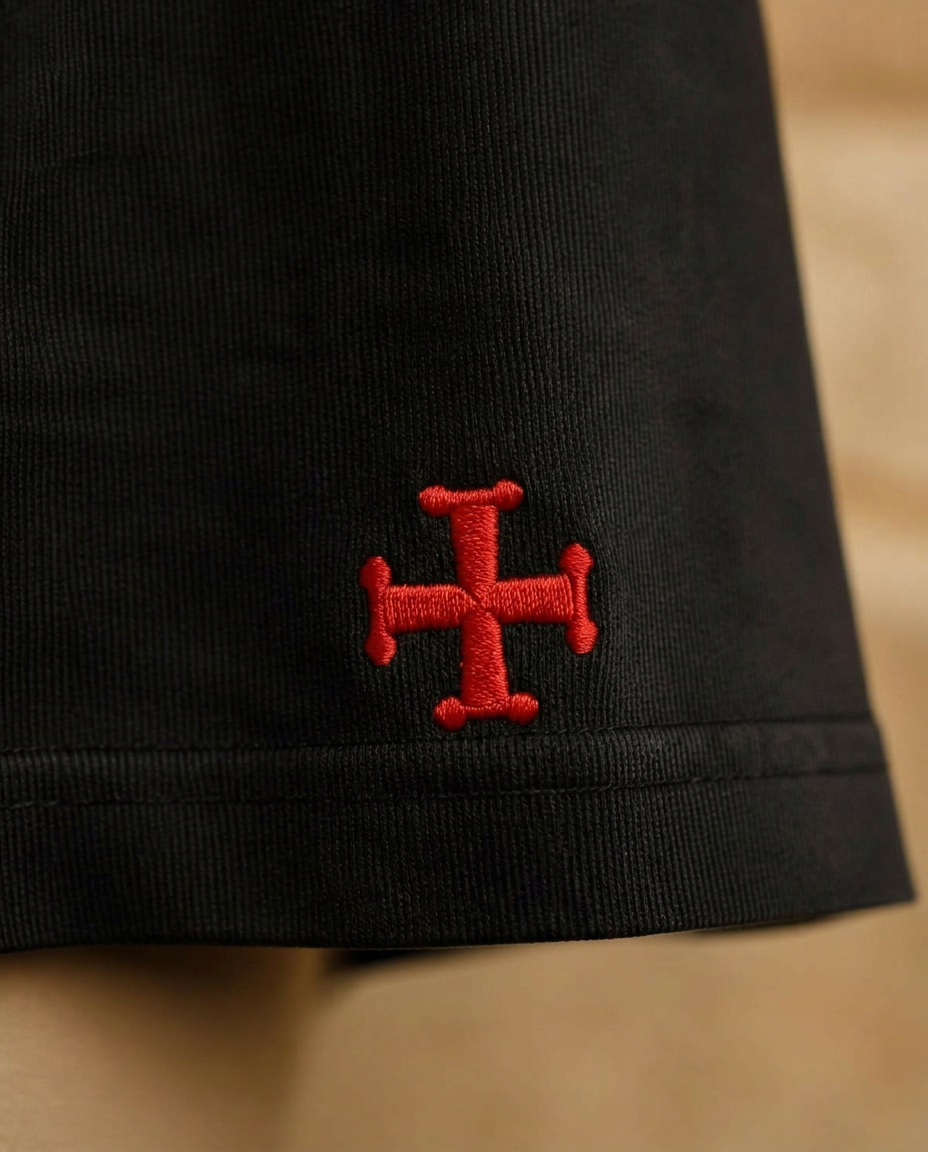 Close-up of the embroidered red knight's cross on the hem of a heavy black cotton tee