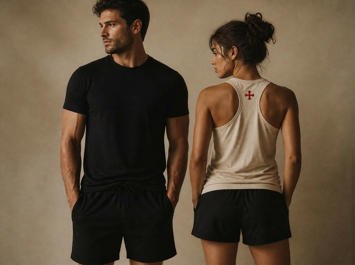 Sigdur Performance Co concept collection — man in black tee and woman in cream racerback tank
